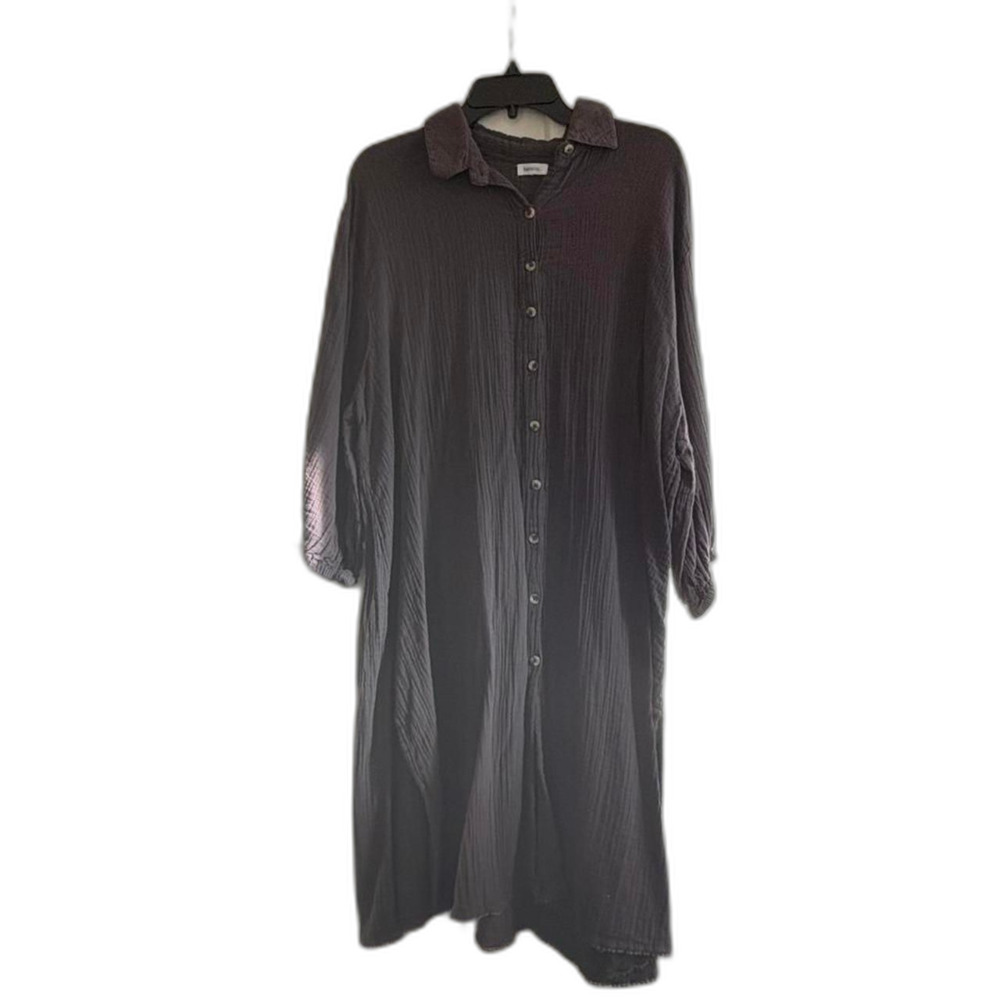 Kensie Gray Crinkle Gauze Button Front Midi Shirt Dress, Long Sleeve M